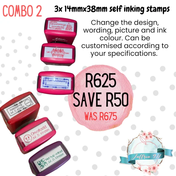 3x 14mmx38mm self inking stamps