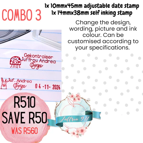 10mmx45mm adjustable date stamp + 14mmx38mm self inking stamp